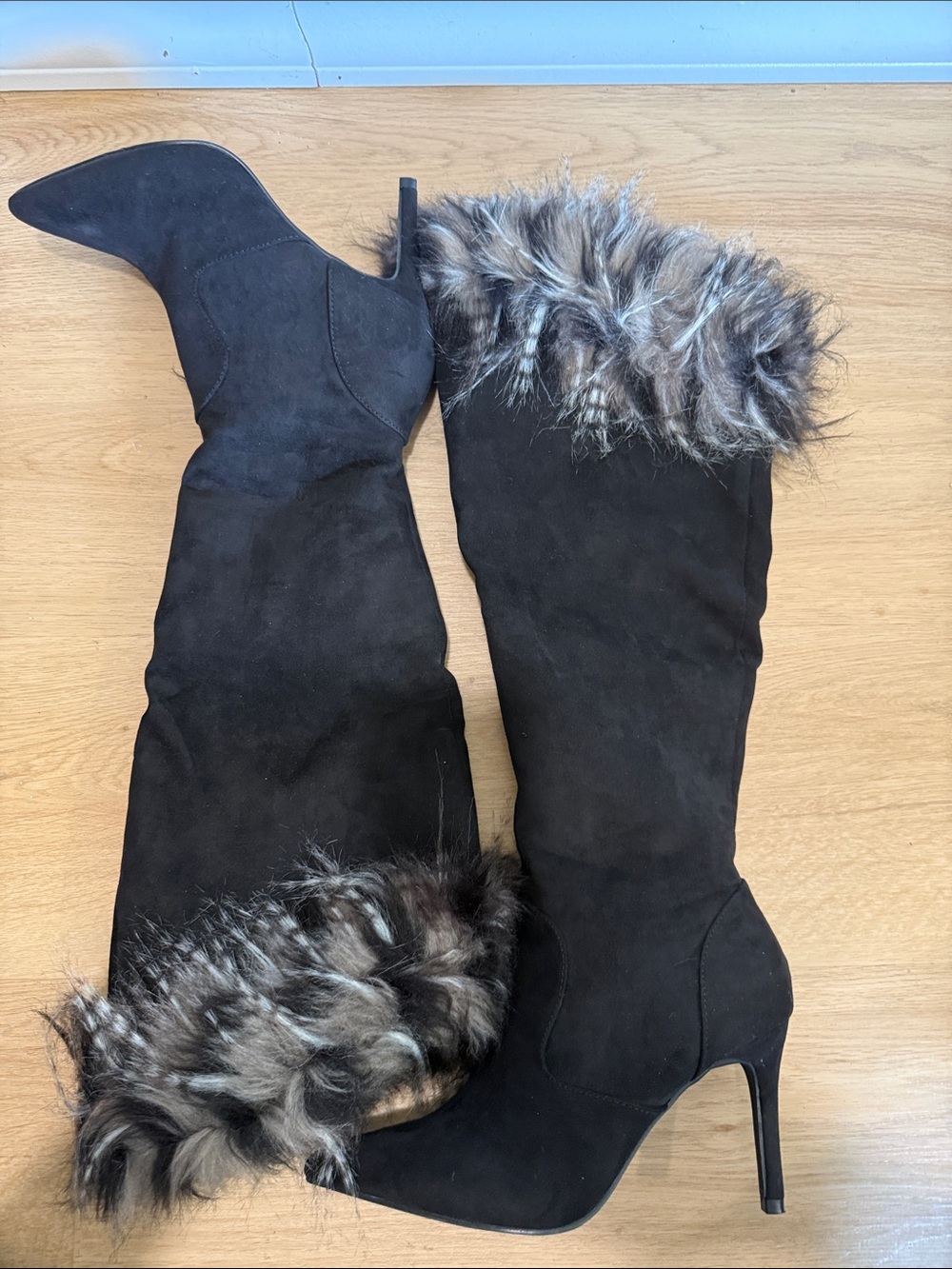 Shoe Dazzle Black Over-the-Knee Faux-Fur Trim Stiletto Boots